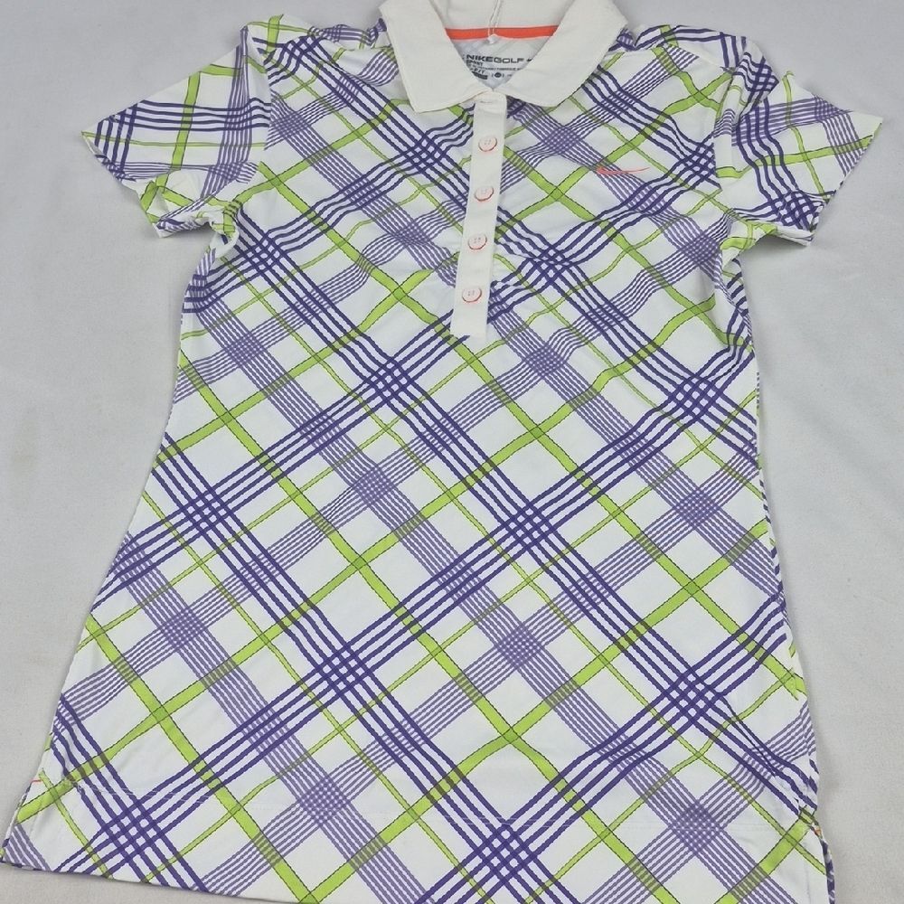 Nike Green and Purple Polo Shirt Sporty Plaid Design